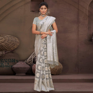 Grey Woven Cotton Blend Saree