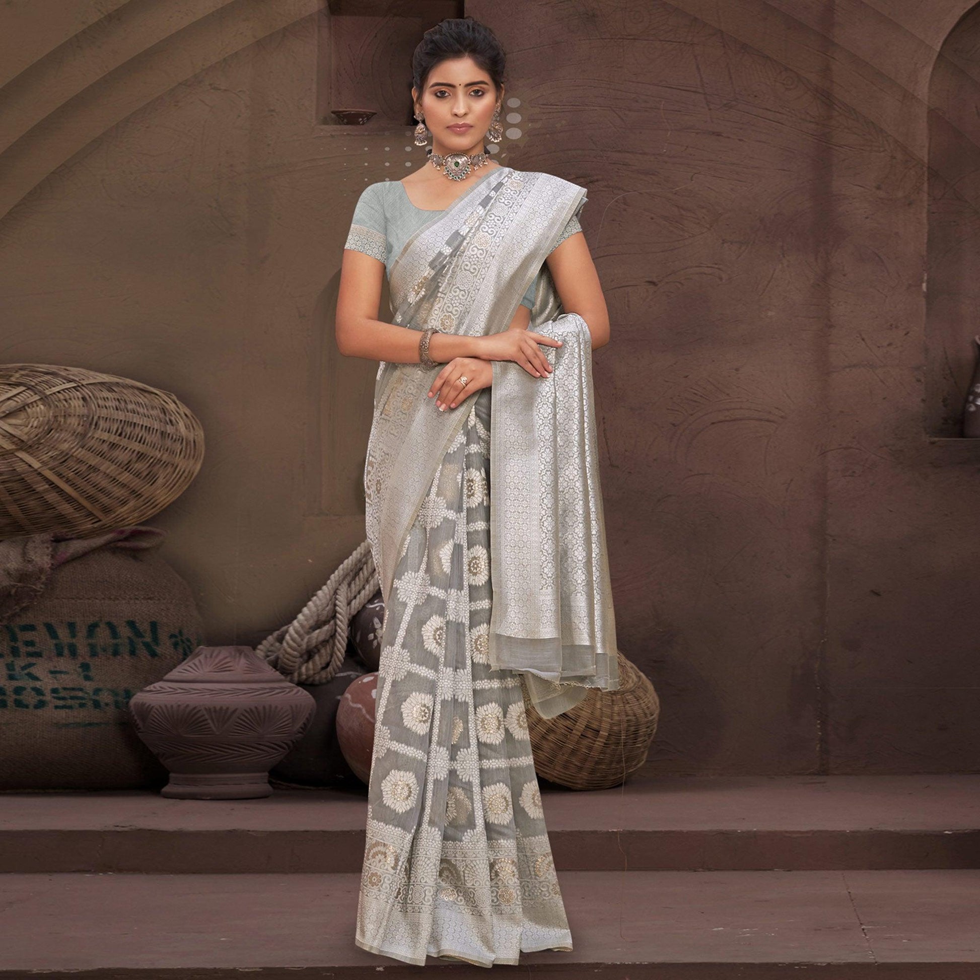 Grey Woven Cotton Blend Saree