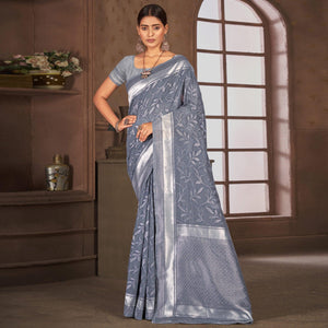 Grey Woven Cotton Blend Saree
