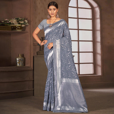 Grey Woven Cotton Blend Saree