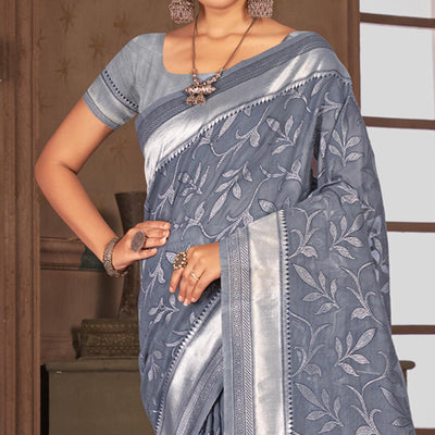 Grey Woven Cotton Blend Saree