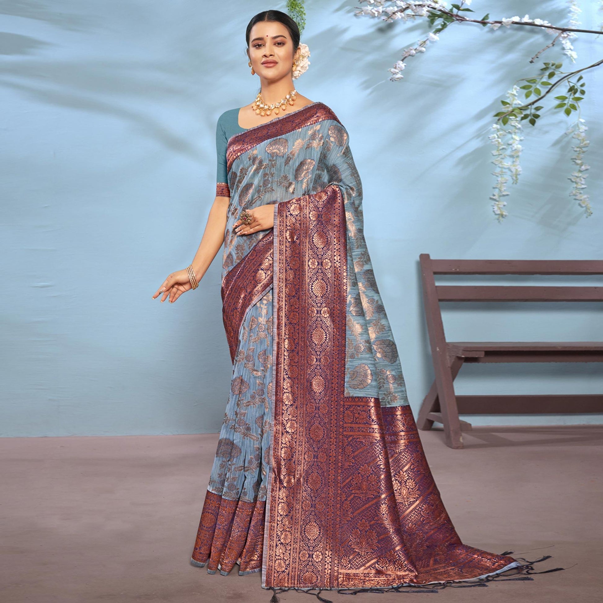 Grey Woven Cotton Blend Saree With Tassels