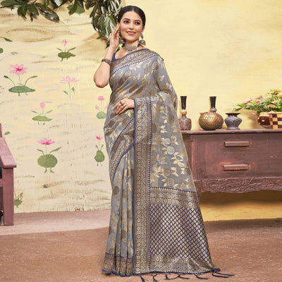 Grey Woven Cotton Blend Saree With Tassels