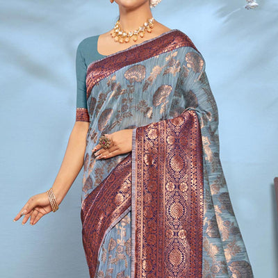Grey Woven Cotton Blend Saree With Tassels