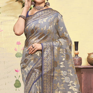 Grey Woven Cotton Blend Saree With Tassels