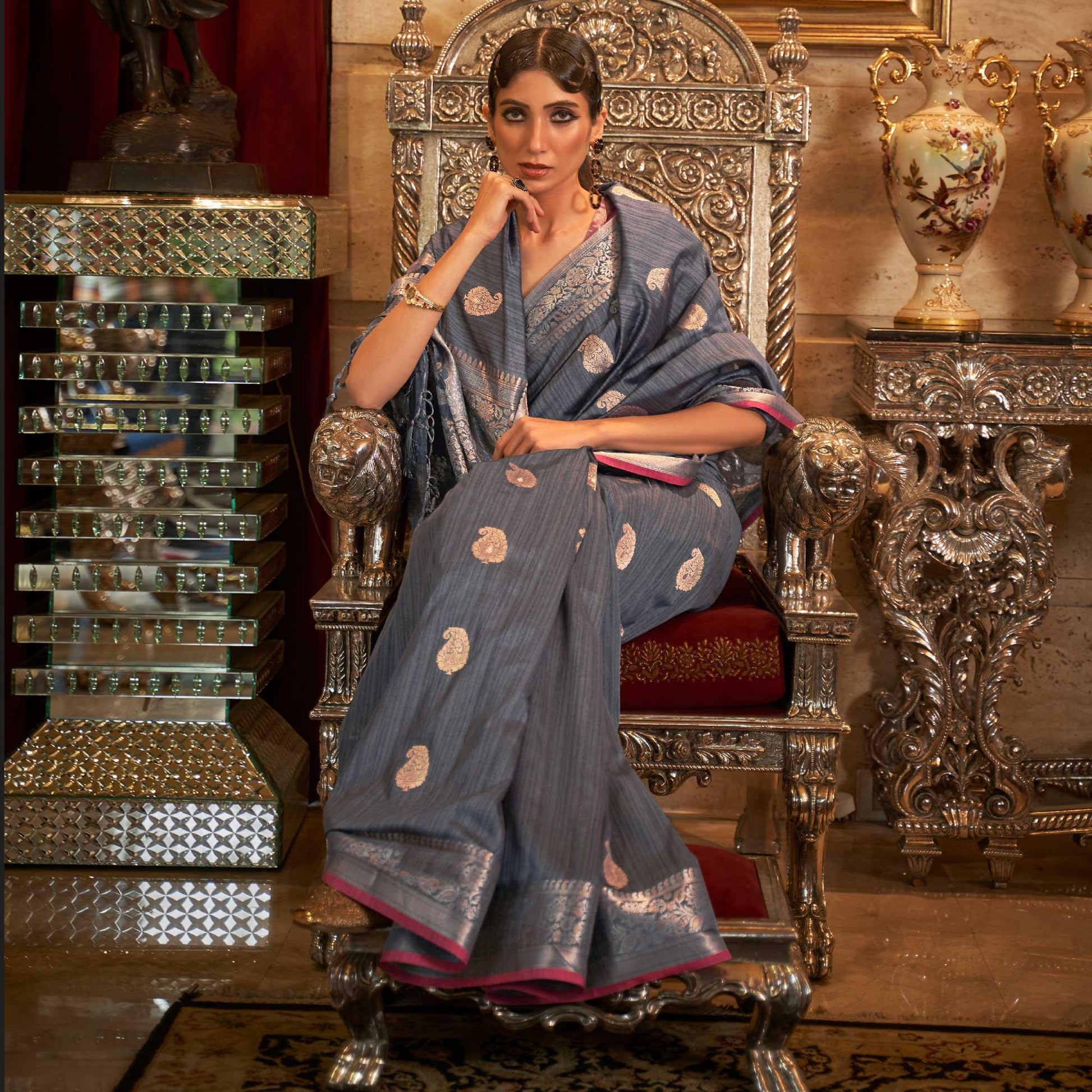 Grey Woven Pure Silk Saree