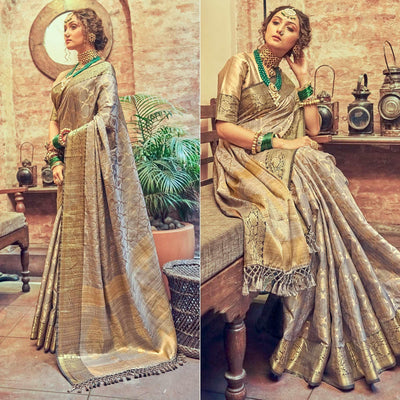 Grey Woven Pure Silk Saree With Tassels