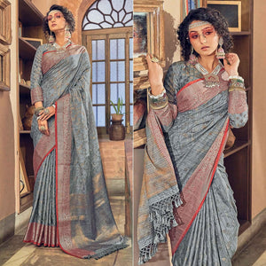 Grey Woven Pure Silk Saree With Tassels