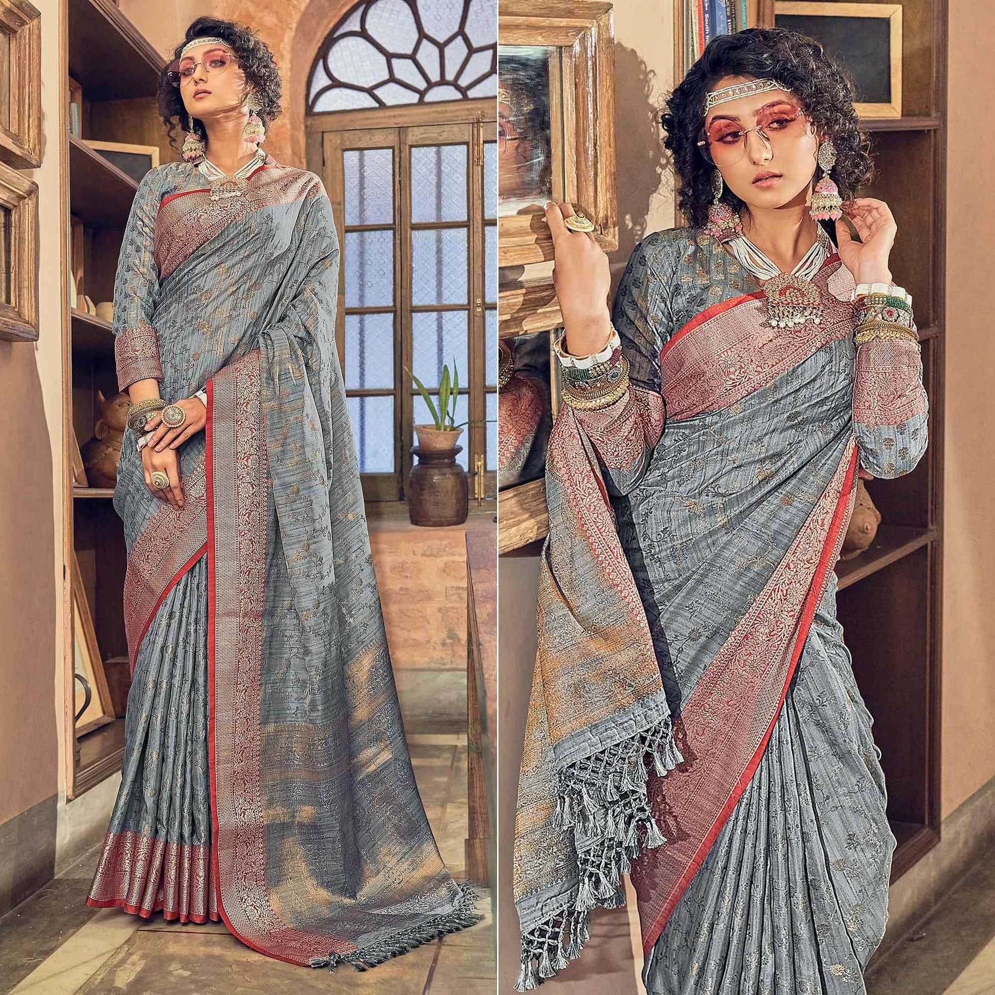 Grey Woven Pure Silk Saree With Tassels