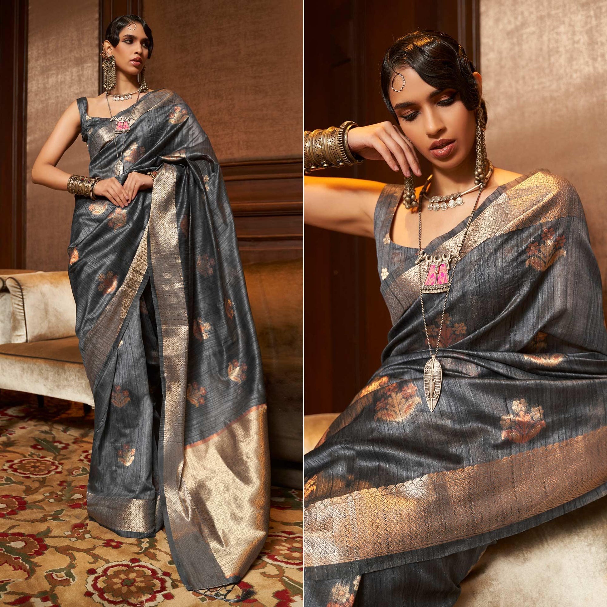 Grey Woven Pure Silk Saree With Tassels
