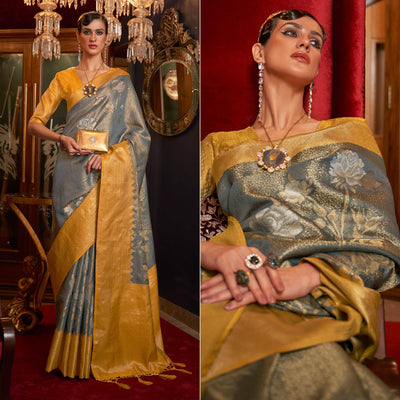 Grey Woven Pure Silk Saree With Tassels