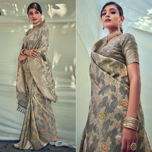 Grey Woven Pure Silk Saree With Tassels