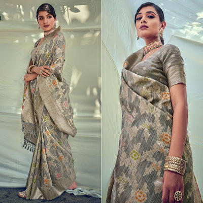 Grey Woven Pure Silk Saree With Tassels