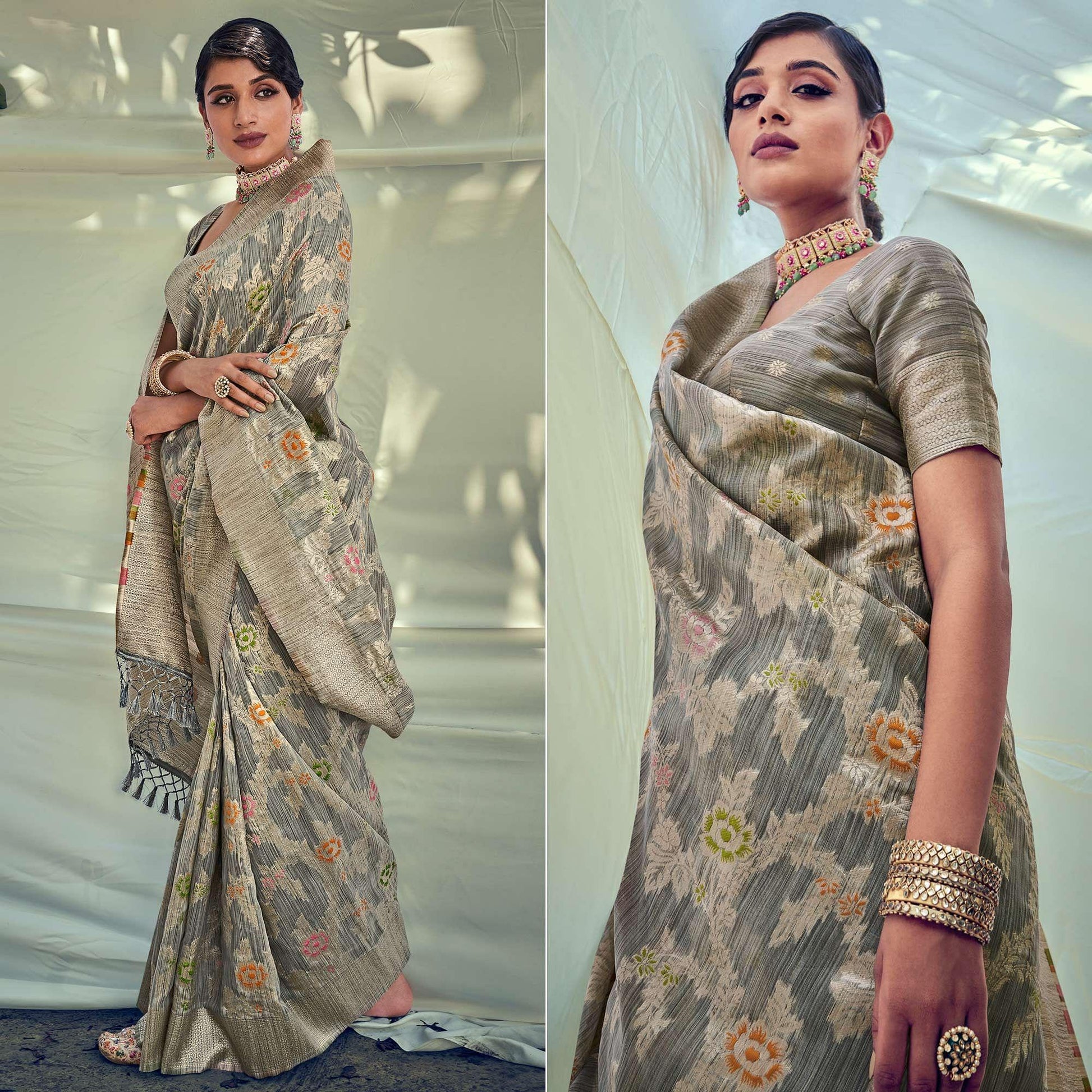 Grey Woven Pure Silk Saree With Tassels