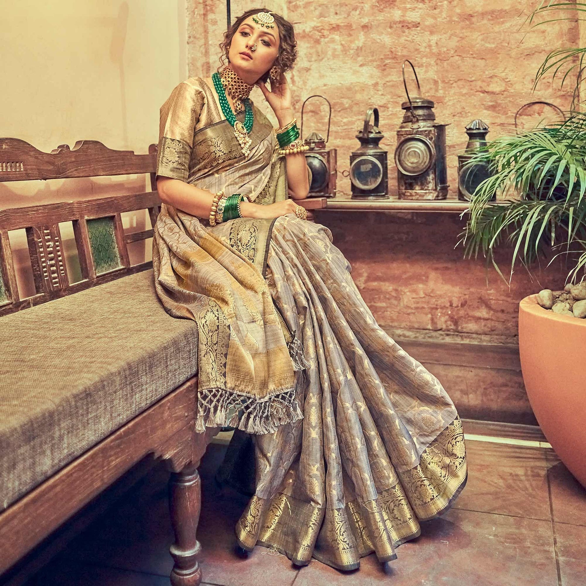 Grey Woven Pure Silk Saree With Tassels