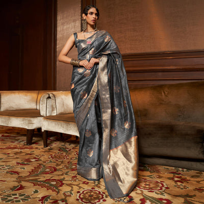 Grey Woven Pure Silk Saree With Tassels