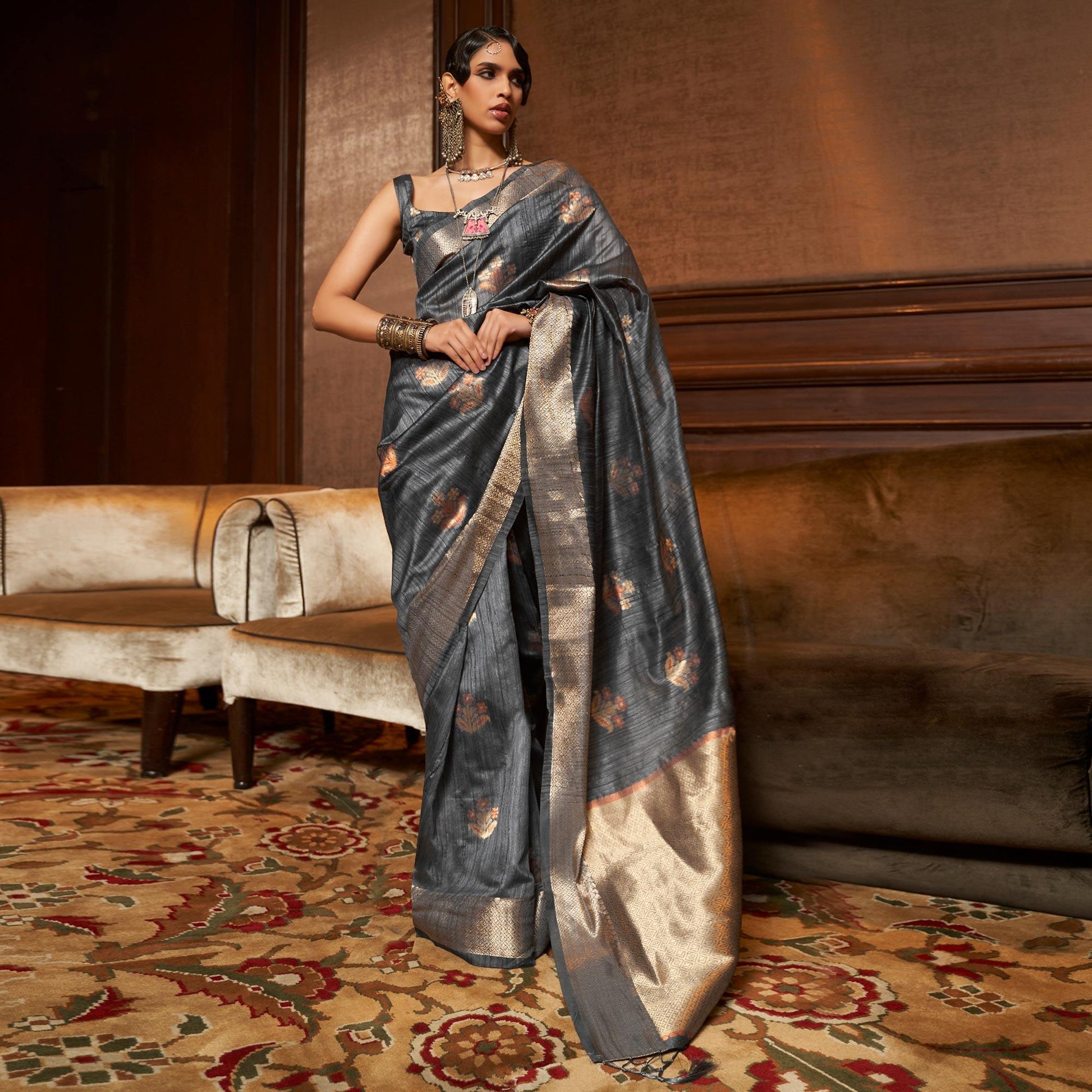 Grey Woven Pure Silk Saree With Tassels