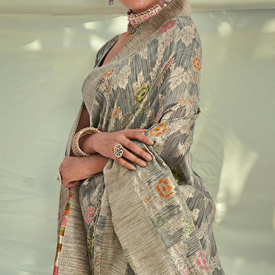 Grey Woven Pure Silk Saree With Tassels