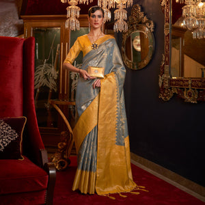 Grey Woven Pure Silk Saree With Tassels