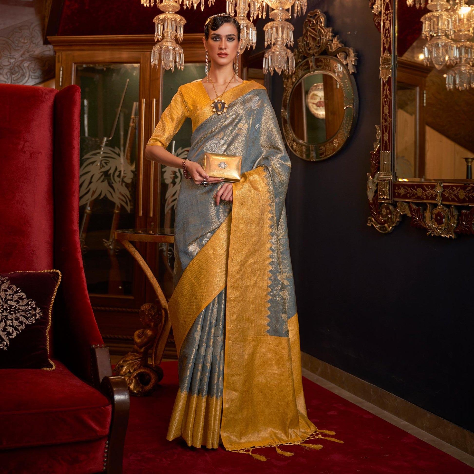 Grey Woven Pure Silk Saree With Tassels