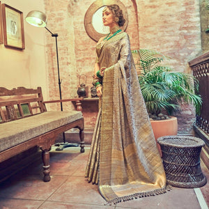 Grey Woven Pure Silk Saree With Tassels