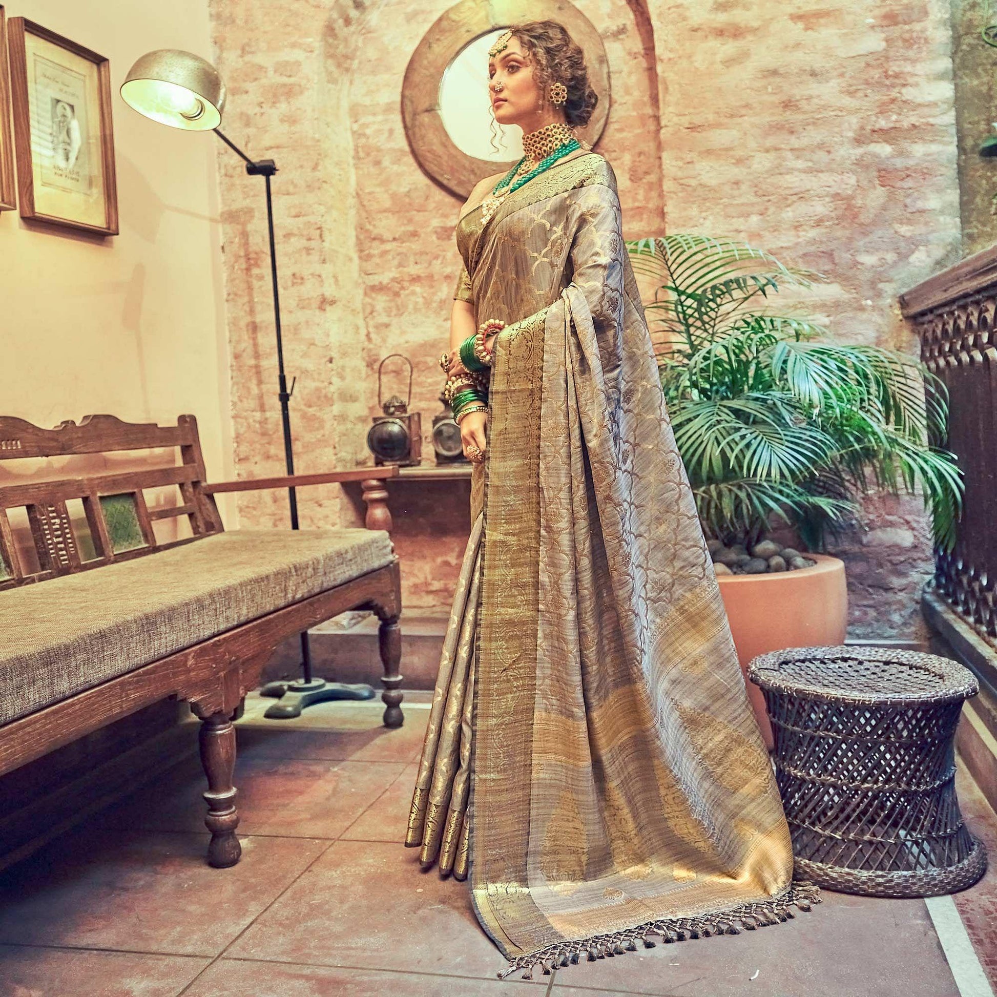 Grey Woven Pure Silk Saree With Tassels