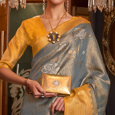 Grey Woven Pure Silk Saree With Tassels