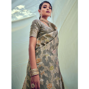 Grey Woven Pure Silk Saree With Tassels