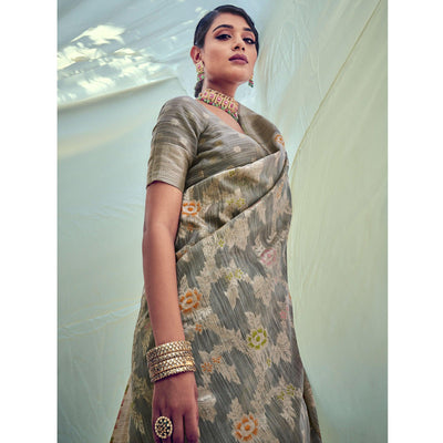 Grey Woven Pure Silk Saree With Tassels