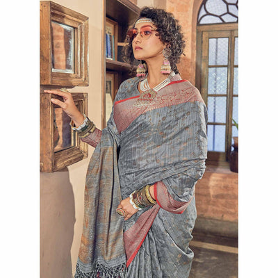 Grey Woven Pure Silk Saree With Tassels