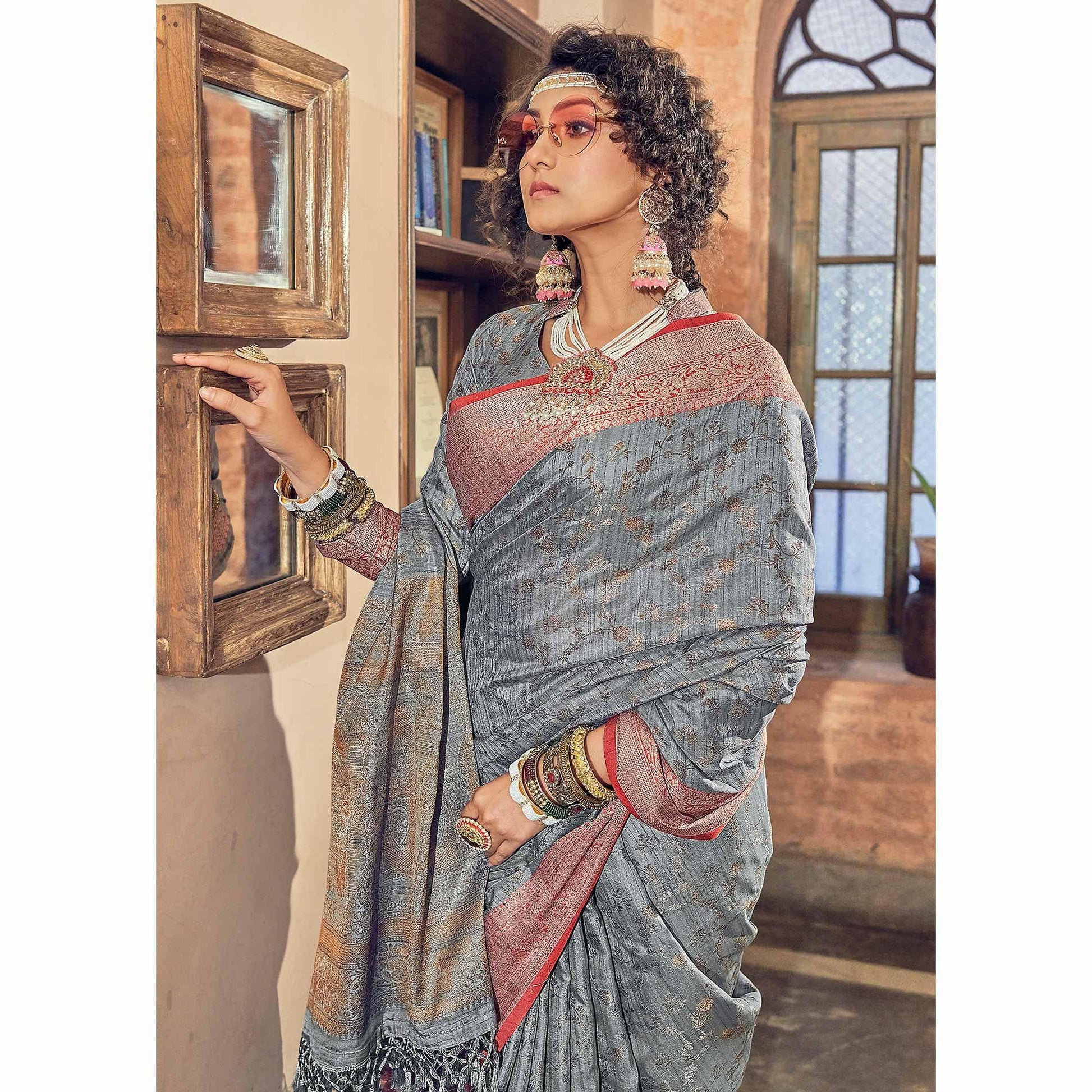 Grey Woven Pure Silk Saree With Tassels