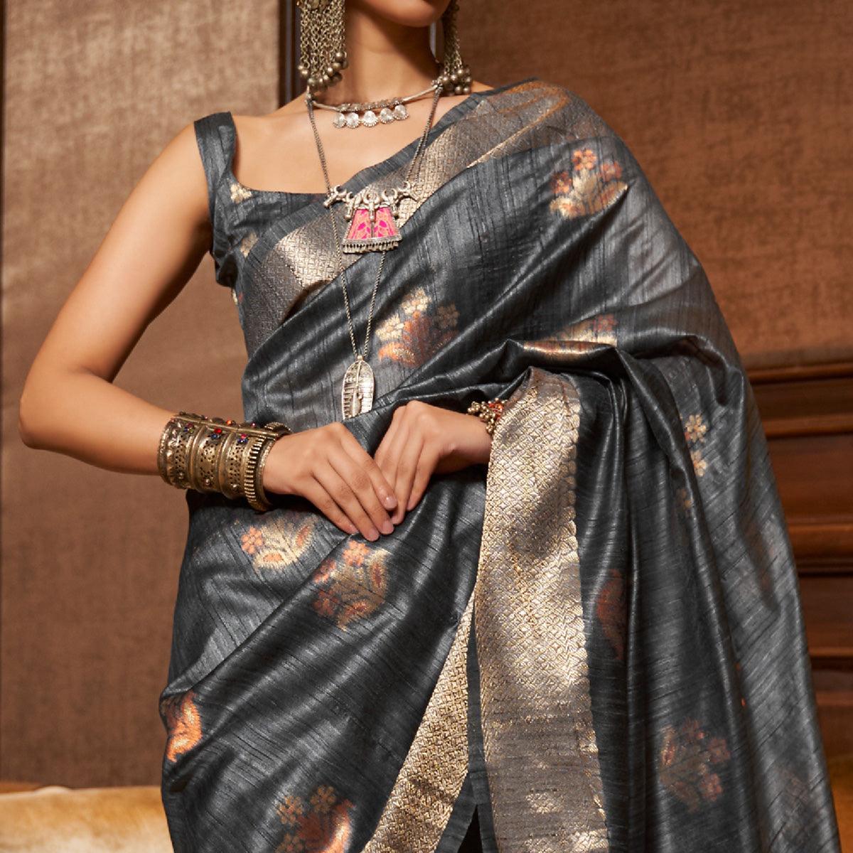 Grey Woven Pure Silk Saree With Tassels