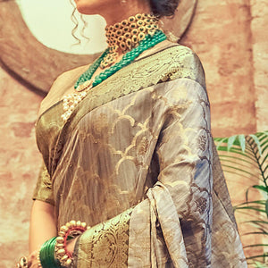 Grey Woven Pure Silk Saree With Tassels