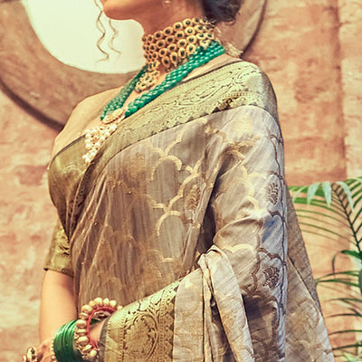 Grey Woven Pure Silk Saree With Tassels