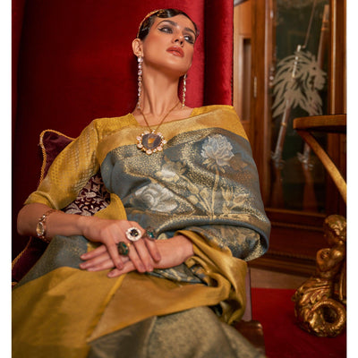 Grey Woven Pure Silk Saree With Tassels