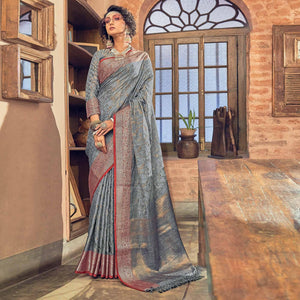 Grey Woven Pure Silk Saree With Tassels