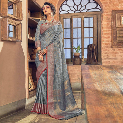 Grey Woven Pure Silk Saree With Tassels