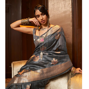 Grey Woven Pure Silk Saree With Tassels
