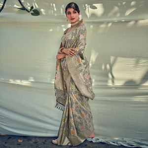 Grey Woven Pure Silk Saree With Tassels