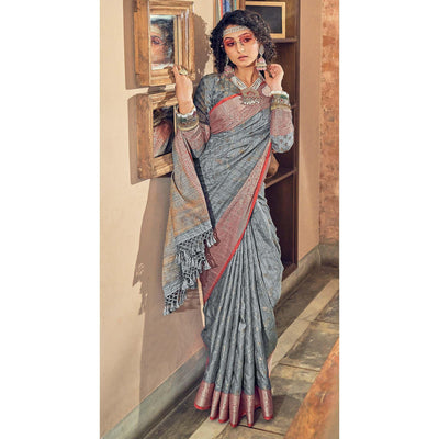 Grey Woven Pure Silk Saree With Tassels