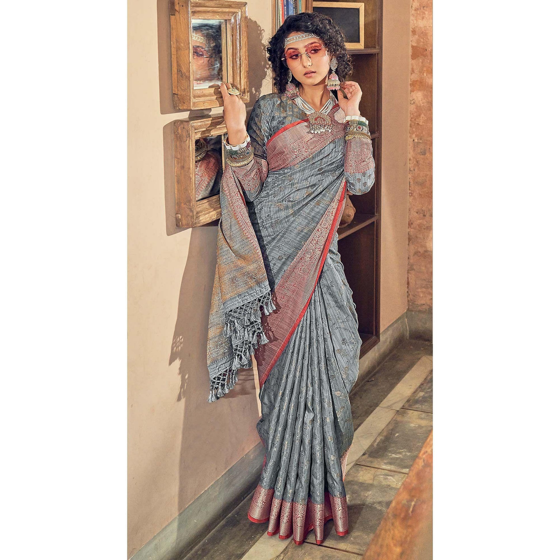 Grey Woven Pure Silk Saree With Tassels