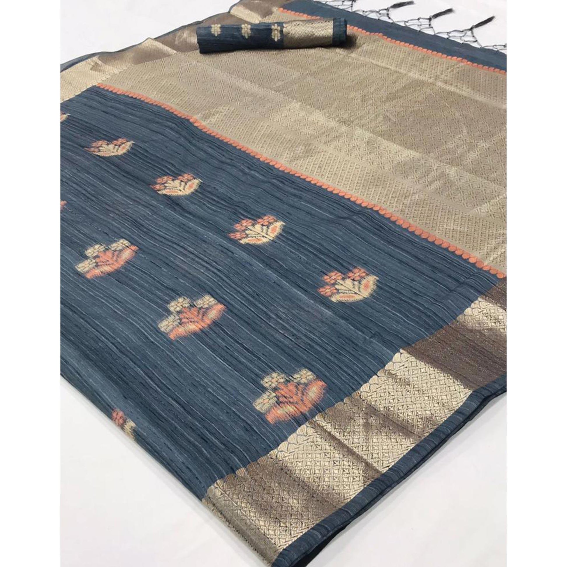Grey Woven Pure Silk Saree With Tassels