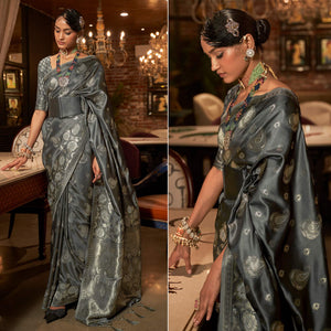 Grey Woven Satin Saree With Tassels
