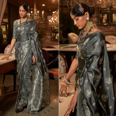 Grey Woven Satin Saree With Tassels