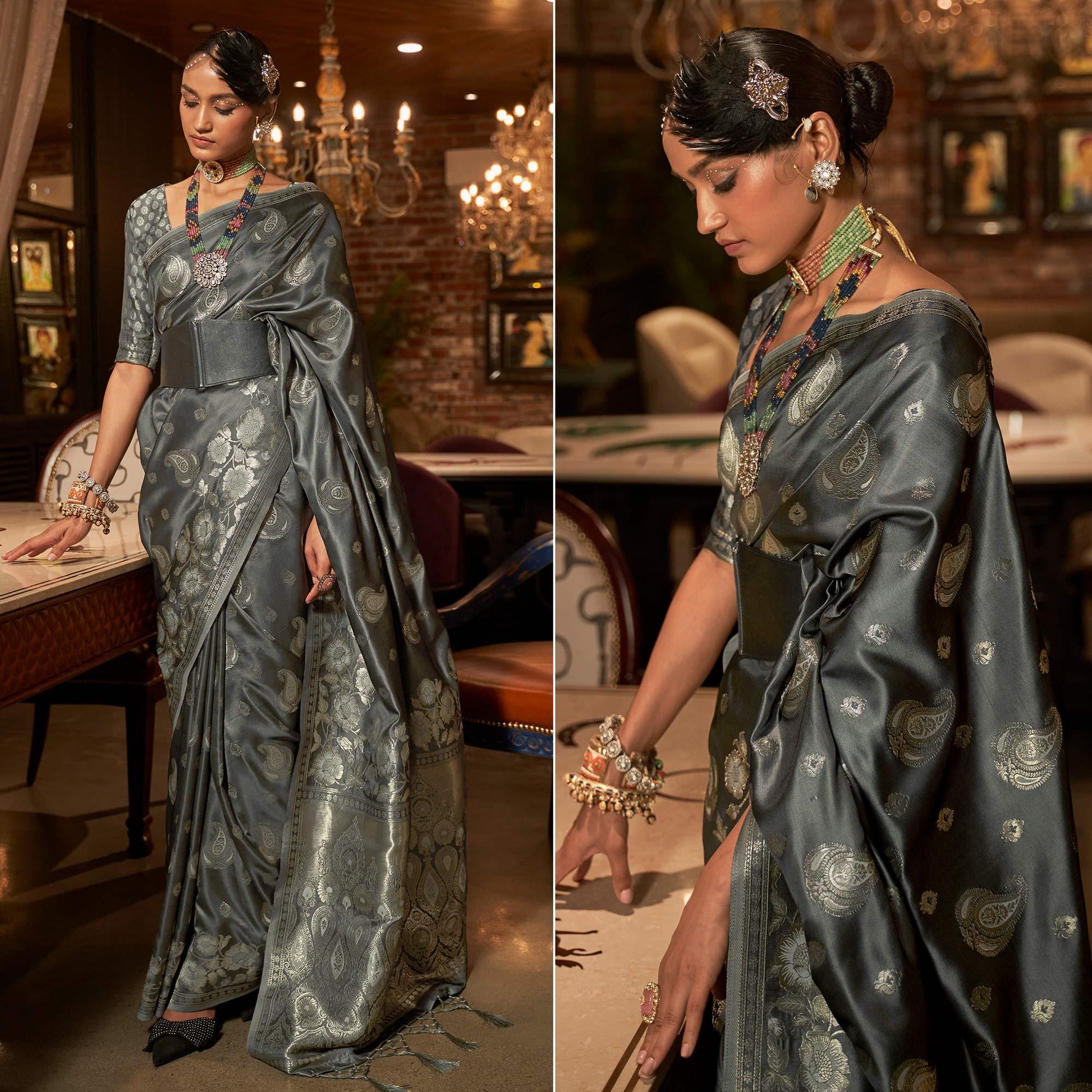 Grey Woven Satin Saree With Tassels