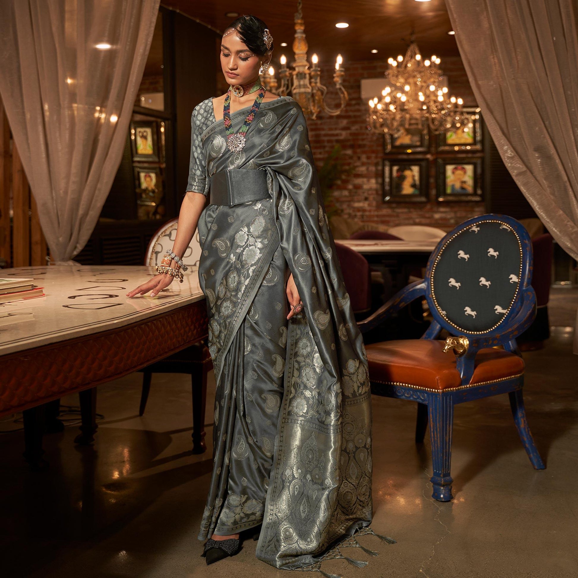 Grey Woven Satin Saree With Tassels