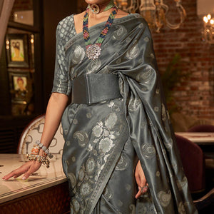 Grey Woven Satin Saree With Tassels