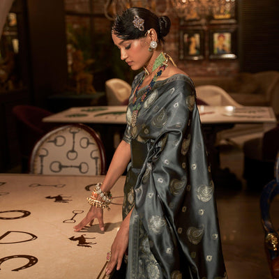 Grey Woven Satin Saree With Tassels