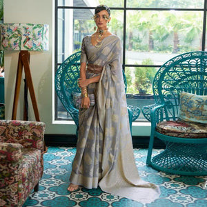 Grey Woven-Sequins Handloom Silk Saree