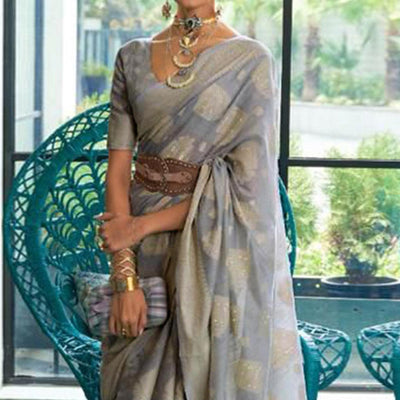 Grey Woven-Sequins Handloom Silk Saree
